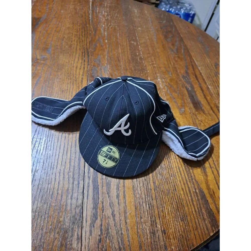 Rare New Era 59Fifty Atlanta Braves Cap Hat with Dog Ear Warmers Decals Attached